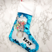 Load image into Gallery viewer, Personalised Floral Reindeer Sequin Christmas Fur Topped Stocking
