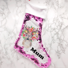 Load image into Gallery viewer, Personalised Floral Reindeer Sequin Christmas Fur Topped Stocking
