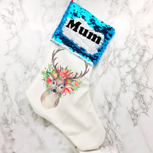 Load image into Gallery viewer, Personalised Floral Reindeer Sequin Topped Christmas Stocking
