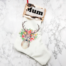 Load image into Gallery viewer, Personalised Floral Reindeer Sequin Topped Christmas Stocking
