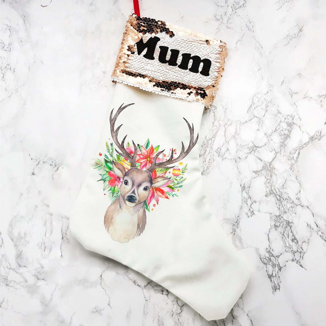 Personalised Floral Reindeer Sequin Topped Christmas Stocking