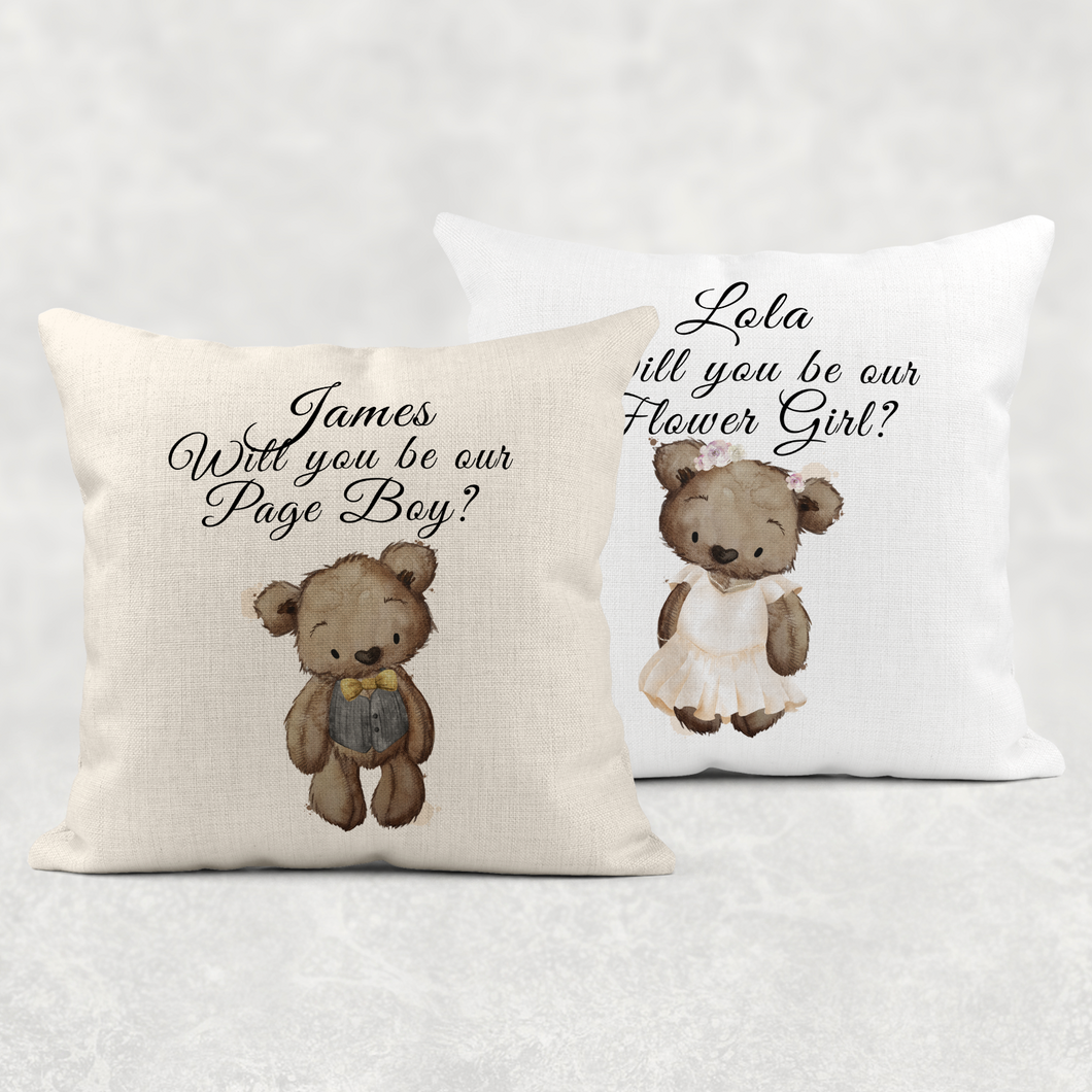 Bear Will You Be My Flower Girl Page Boy Wedding Personalised Cushion