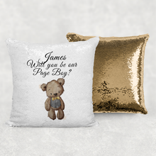 Load image into Gallery viewer, Bear  Will you be my Flower Girl/Page Boy Sequin Reveal Hidden Message Wedding Cushion
