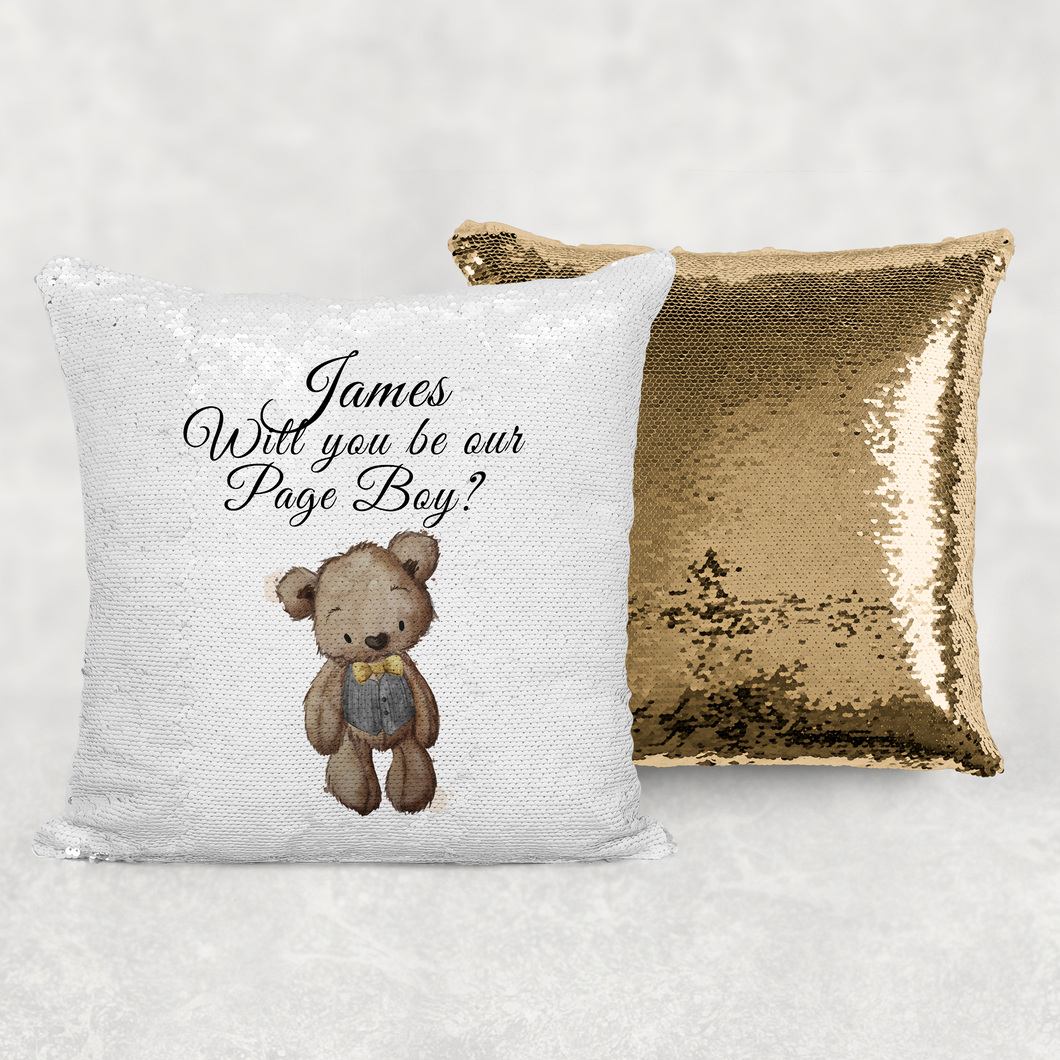 Bear  Will you be my Flower Girl/Page Boy Sequin Reveal Hidden Message Wedding Cushion