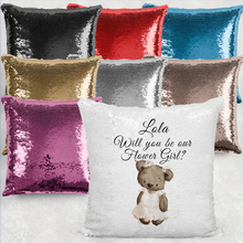 Load image into Gallery viewer, Bear  Will you be my Flower Girl/Page Boy Sequin Reveal Hidden Message Wedding Cushion
