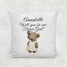 Load image into Gallery viewer, Bear  Will you be my Flower Girl/Page Boy Sequin Reveal Hidden Message Wedding Cushion

