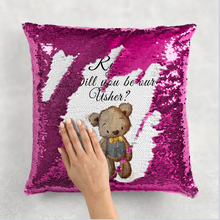 Load image into Gallery viewer, Bear  Will you be my Flower Girl/Page Boy Sequin Reveal Hidden Message Wedding Cushion
