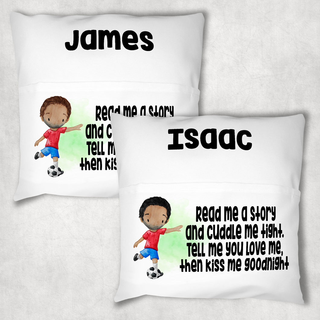 Football Personalised Pocket Book Cushion Cover White Canvas
