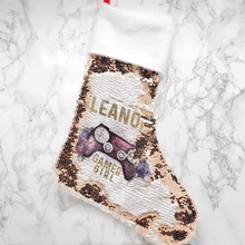 Load image into Gallery viewer, Gamer Girl Floral Personalised Fur Topped Sequin Christmas Stocking
