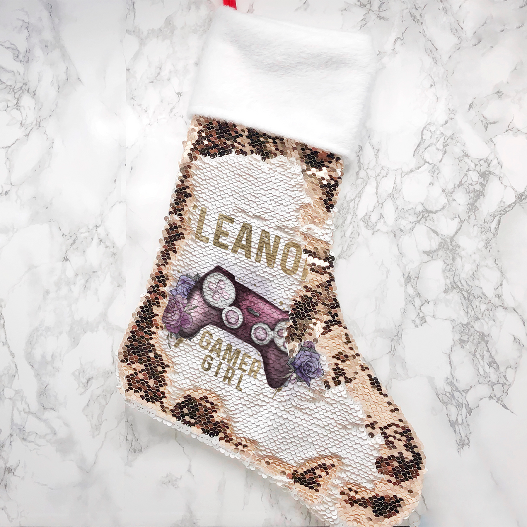 Gamer Girl Floral Personalised Fur Topped Sequin Christmas Stocking