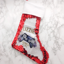 Load image into Gallery viewer, Gamer Girl Floral Personalised Fur Topped Sequin Christmas Stocking
