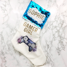 Load image into Gallery viewer, Gamer Girl Floral Personalised Sequin Topped Christmas Stocking
