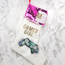 Load image into Gallery viewer, Gamer Girl Floral Personalised Sequin Topped Christmas Stocking
