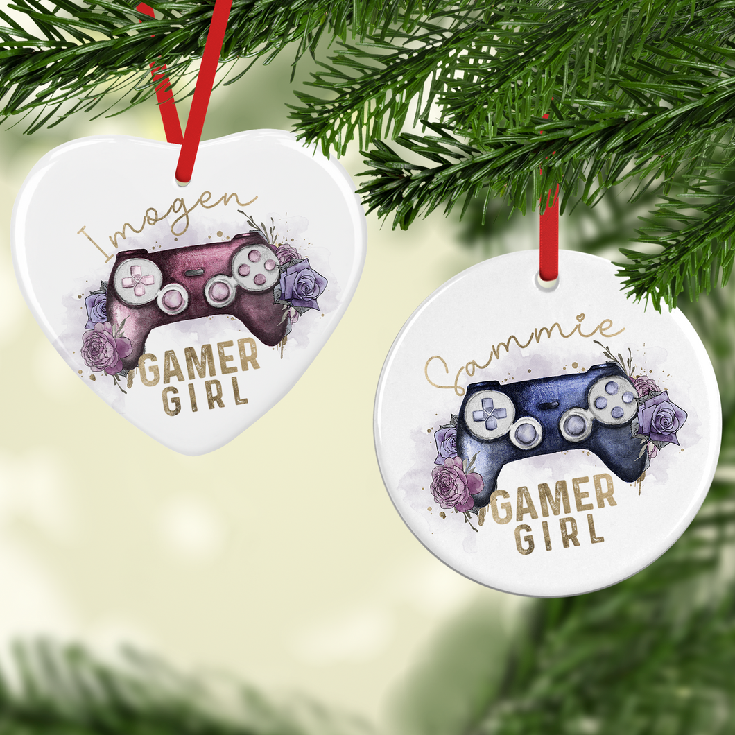 Gamer Girl Floral Watercolour Personalised Ceramic Round or Heart Christmas Bauble