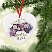 Load image into Gallery viewer, Gamer Girl Floral Watercolour Personalised Ceramic Round or Heart Christmas Bauble
