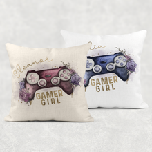 Load image into Gallery viewer, Gamer Girl Floral Personalised Cushion Linen White Canvas
