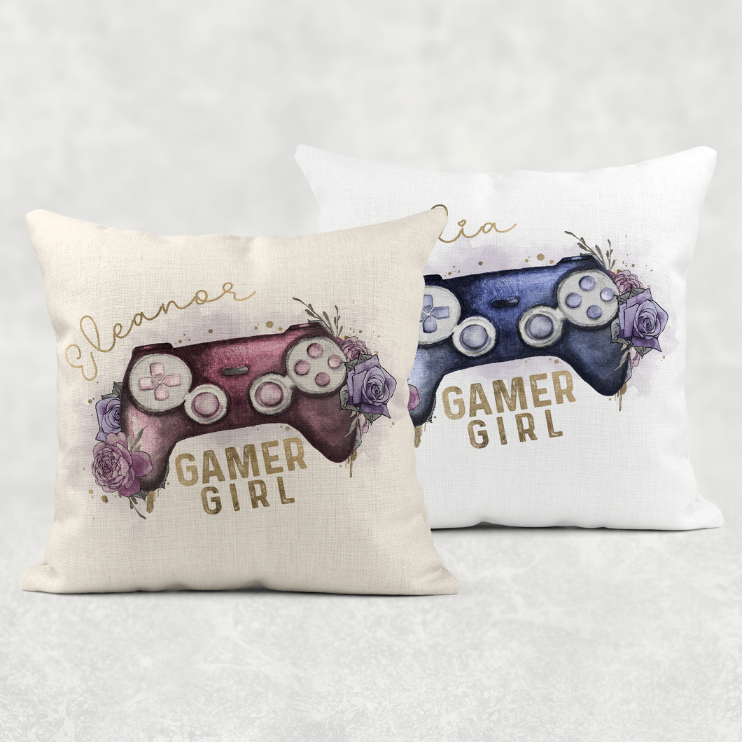 Gamer Girl Floral Personalised Cushion Linen White Canvas