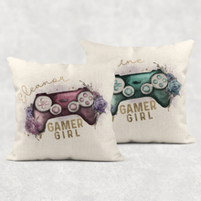 Load image into Gallery viewer, Gamer Girl Floral Personalised Cushion Linen White Canvas
