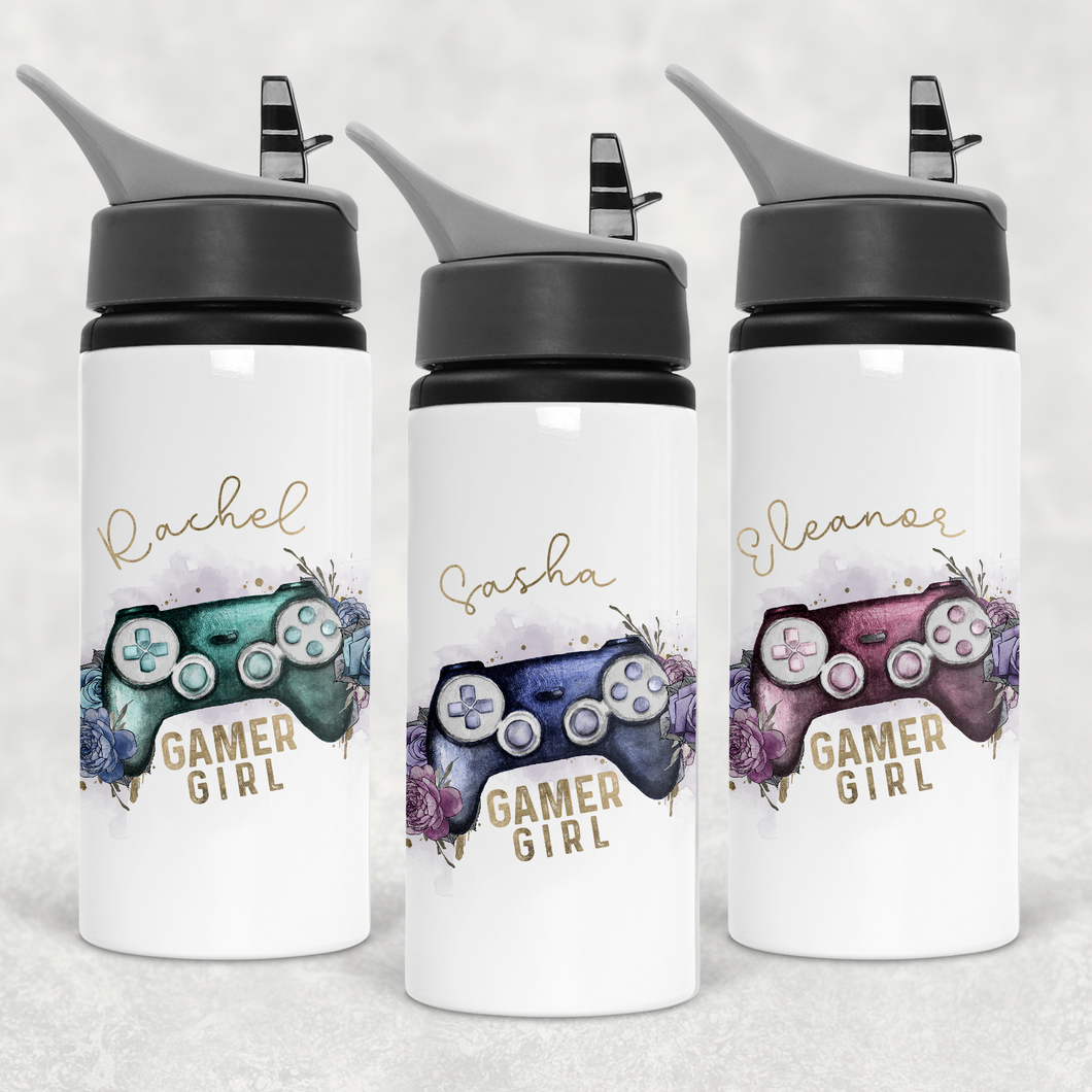 Gamer Girl Floral Personalised Aluminium Straw Water Bottle 650ml
