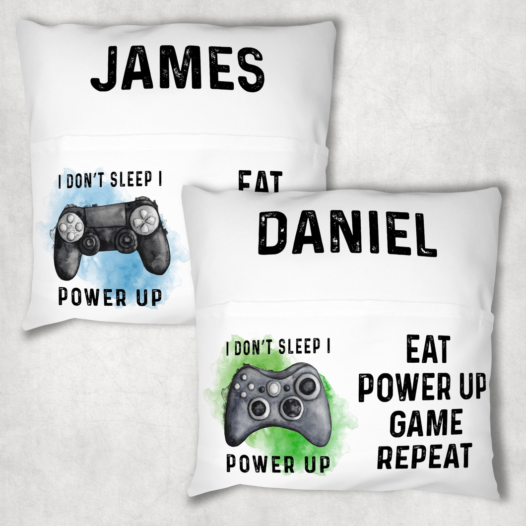 Gamer Personalised Pocket Book Cushion Cover White Canvas I Don't sleep I Power Up Book Cover