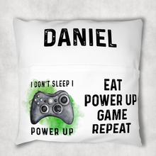 Load image into Gallery viewer, Gamer Personalised Pocket Book Cushion Cover White Canvas I Don&#39;t sleep I Power Up Book Cover
