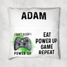 Load image into Gallery viewer, Gamer Personalised Pocket Book Cushion Cover White Canvas I Don&#39;t sleep I Power Up Book Cover
