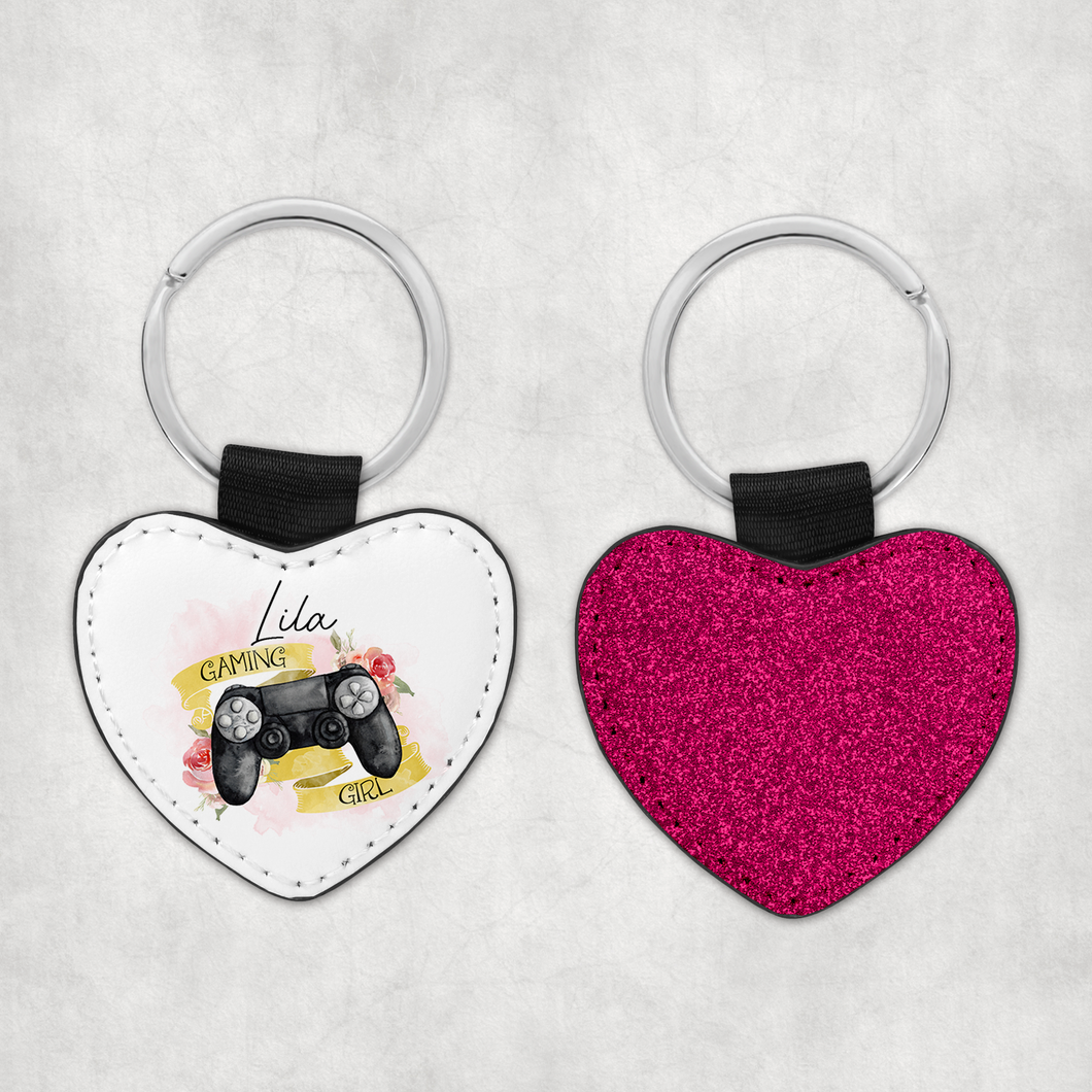 Gamer Girl Personalised Glitter Heart Keyring