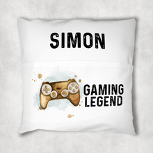 Load image into Gallery viewer, Gaming Legend Personalised Pocket Book Cushion Cover White Canvas
