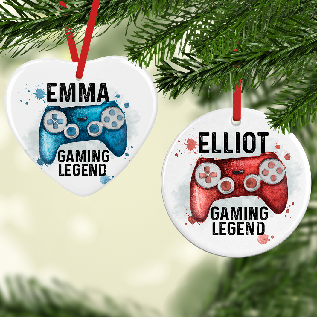 Gaming Legend Watercolour Personalised Ceramic Round or Heart Christmas Bauble