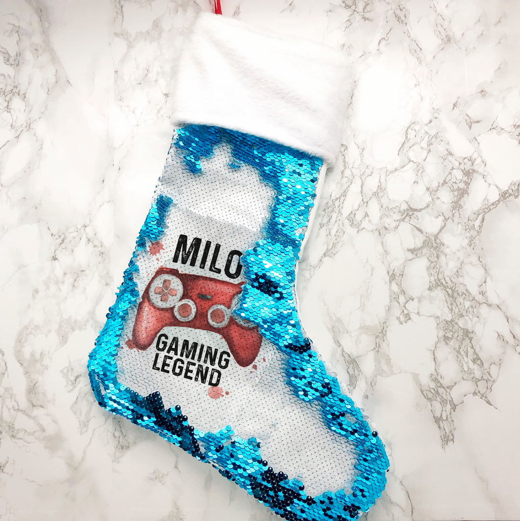 Gaming Legend Personalised Fur Topped Sequin Christmas Stocking