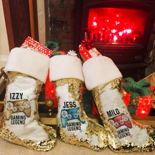 Load image into Gallery viewer, Gaming Legend Personalised Fur Topped Sequin Christmas Stocking

