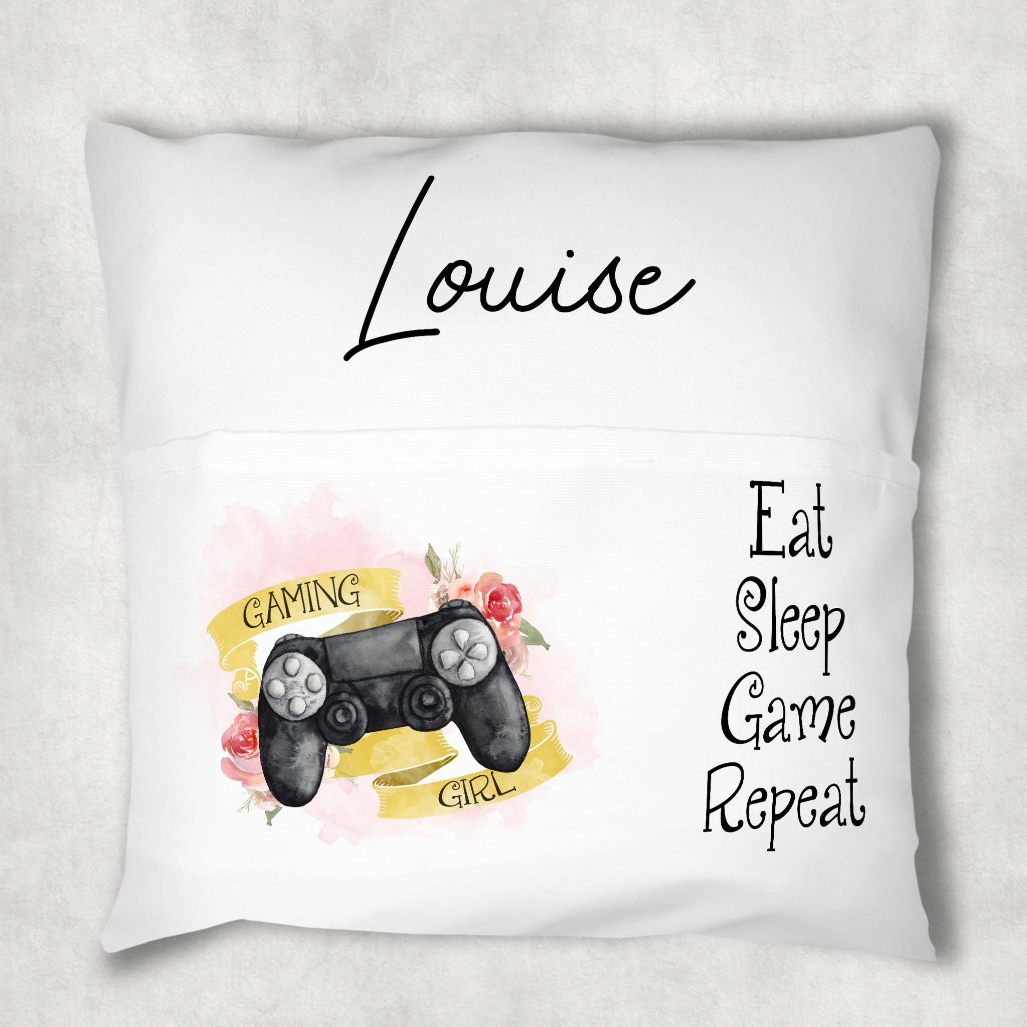 Gaming Girl Personalised Pocket Book Cushion Cover White Canvas Eat Sleep  Game Repeat