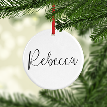 Load image into Gallery viewer, Gold Christmas Wreath with Name Double Sided Ceramic Round or Heart Christmas Bauble

