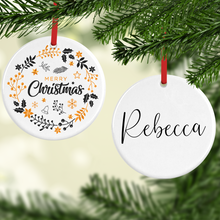 Load image into Gallery viewer, Gold Christmas Wreath with Name Double Sided Ceramic Round or Heart Christmas Bauble
