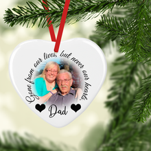 Load image into Gallery viewer, Gone from our lives, but never our Hearts Ceramic Round or Heart Shaped Memorial Christmas Bauble
