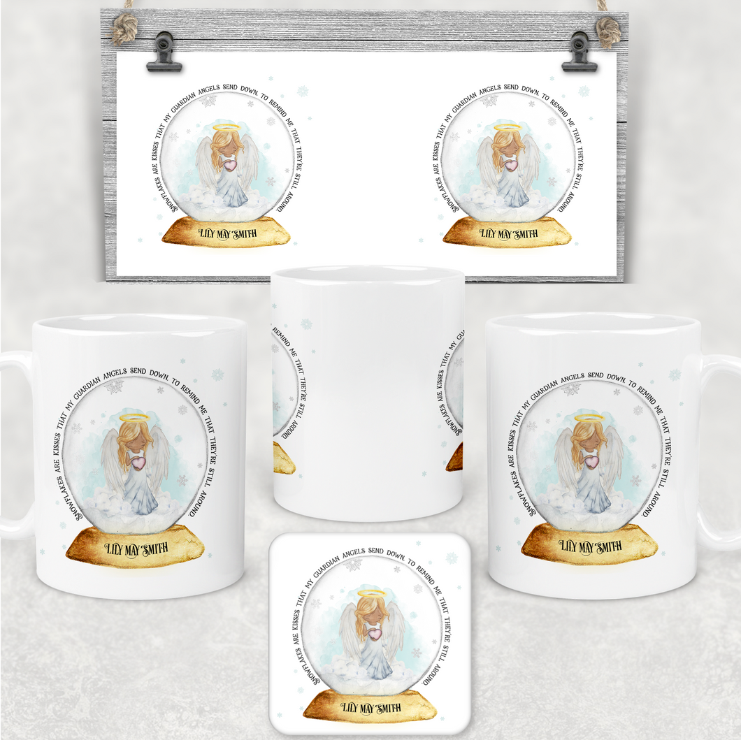 Snowglobe Guardian Angel Personalised Christmas Mug and Coaster Set