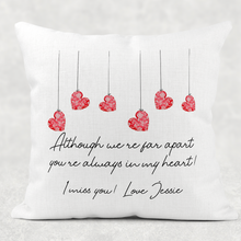 Load image into Gallery viewer, Hanging Hearts Long Distance Personalised Valentine&#39;s Day Cushion
