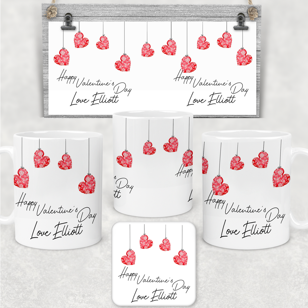Hanging Hearts Valentine's Day Personalised Mug and Coaster Set