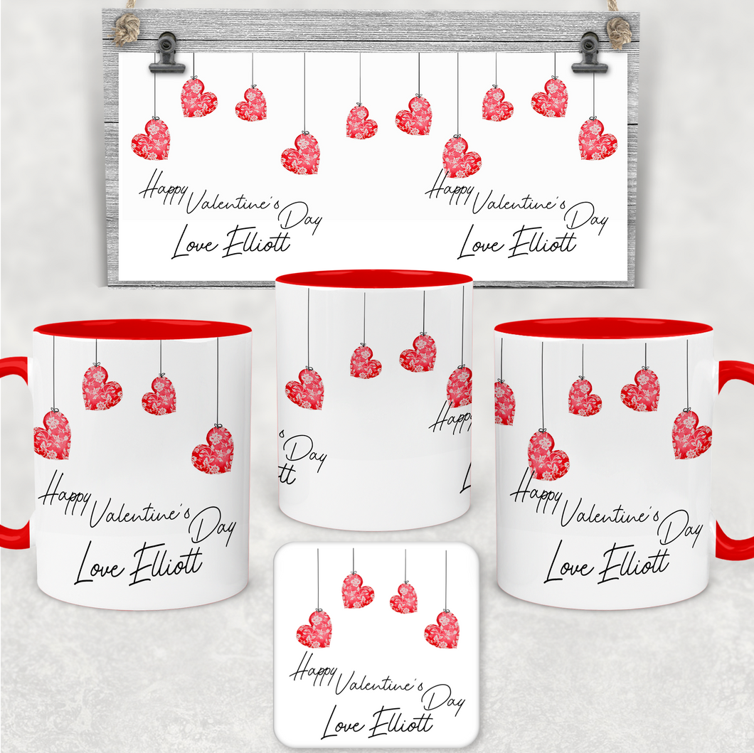 Hanging Hearts Red Valentine's Day Personalised Mug and Coaster Set