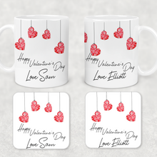 Load image into Gallery viewer, Hanging Hearts Valentine&#39;s Day Personalised Mug and Coaster Set
