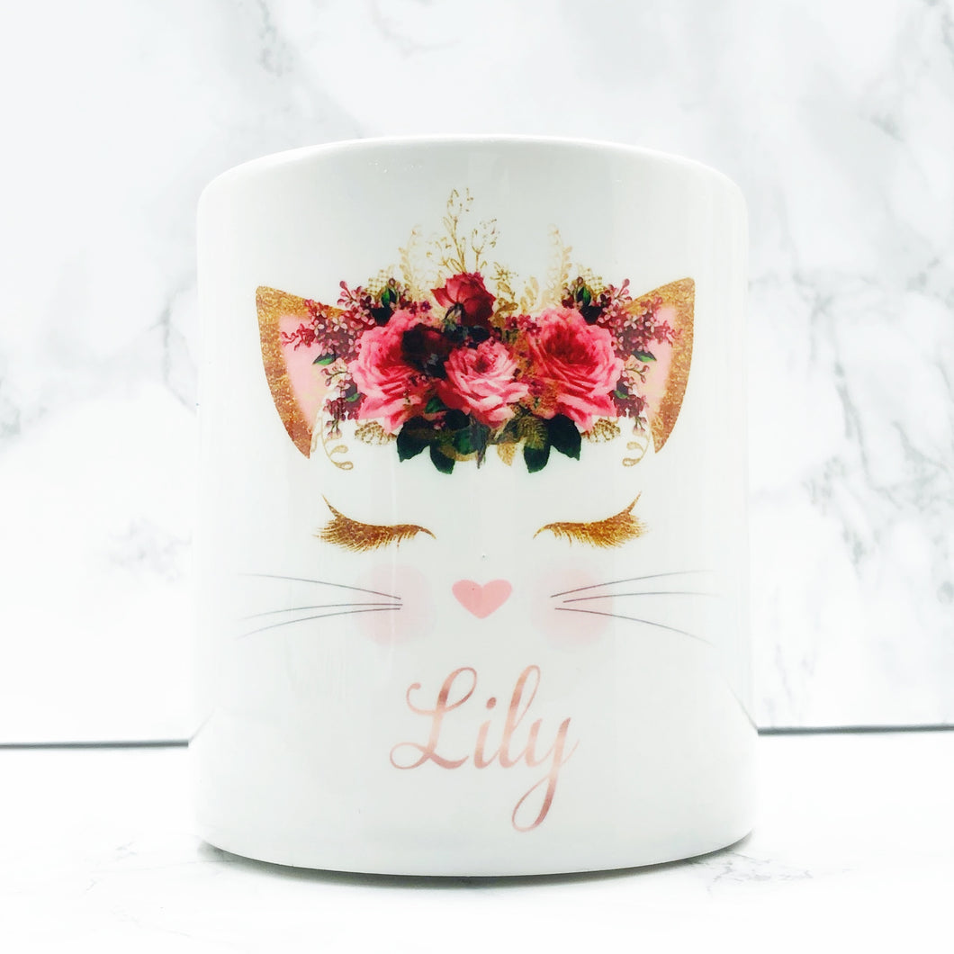 Personalised Kitty Money Pot | Pink Flowers