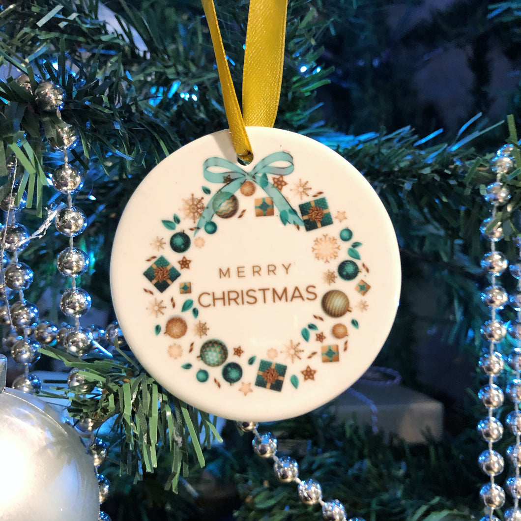 Christmas Wreath of Presents with Name Double Sided Ceramic Round or Heart Christmas Bauble