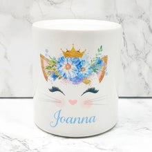 Load image into Gallery viewer, Personalised Kitty Money Pot | Blue Flowers with Crown
