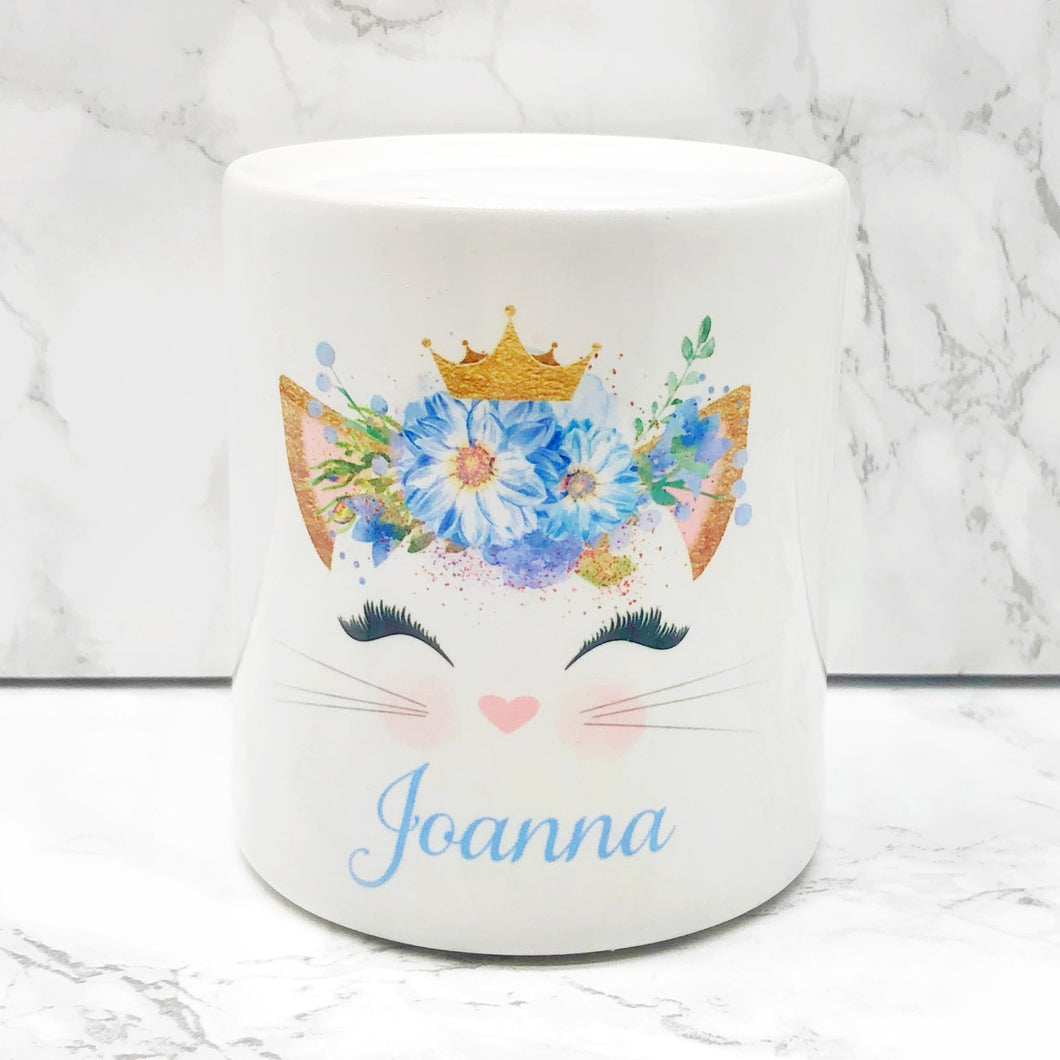 Personalised Kitty Money Pot | Blue Flowers with Crown