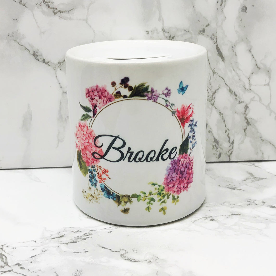 Personalised Floral Wreath Money Pot