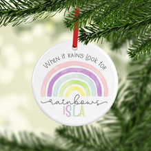 Load image into Gallery viewer, Rainbow Watercolour Personalised Ceramic Round or Heart Christmas Bauble
