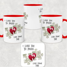 Load image into Gallery viewer, Love You To Pieces Jigsaw Red Valentine&#39;s Day Personalised Mug and Coaster Set
