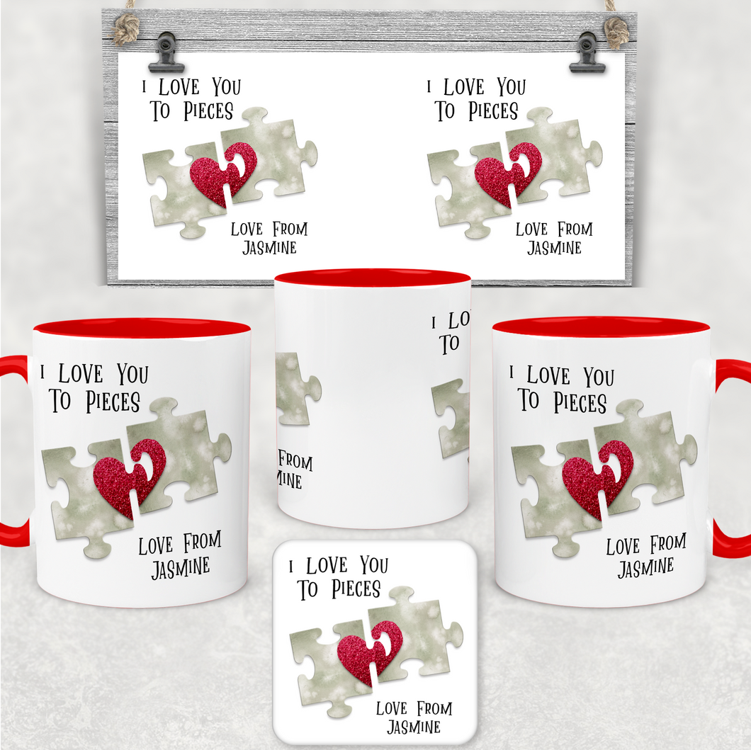 Love You To Pieces Jigsaw Red Valentine's Day Personalised Mug and Coaster Set