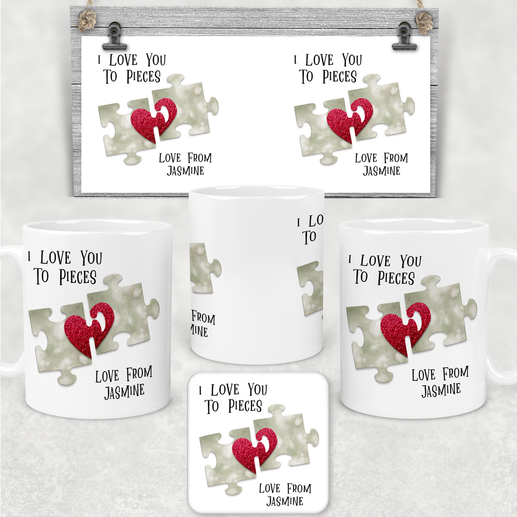 Love You To Pieces Jigsaw Valentine's Day Personalised Mug and Coaster Set