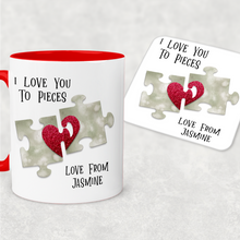 Load image into Gallery viewer, Love You To Pieces Jigsaw Red Valentine&#39;s Day Personalised Mug and Coaster Set
